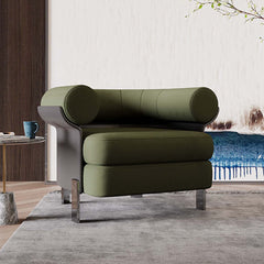 Modern green boucle sherpa upholstered accent chair with round back in living room setting