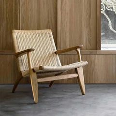 Elegant solid wood armchair with woven kraft paper rope back and seat