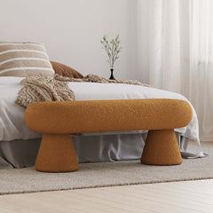 Contemporary white and orange boucle bedroom bench with 2 legs for upholstered seating