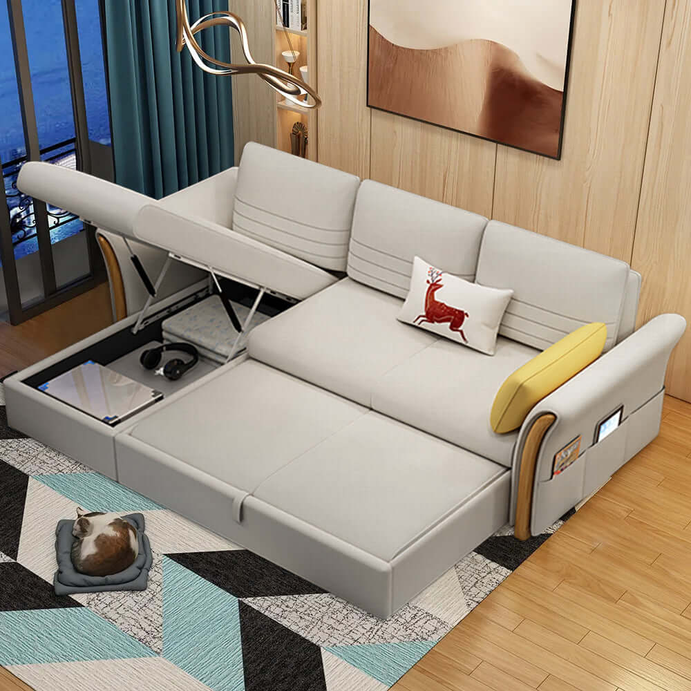 90.6 inch full sleeper sofa in LeathAire upholstery with storage compartment メイン画像