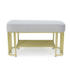 Contemporary green entryway bench with luxurious velvet upholstery and golden frame