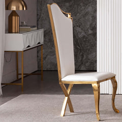 Set of 2 white dining chairs featuring elegant gold legs and comfortable seating