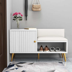 Contemporary upholstered white shoe rack bench with storage cabinet and shelf for hallway