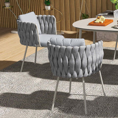 7 Pieces Outdoor Dining Set with Oval Faux Marble Top Table and Rope Woven Armchair for Stylish Patio Dining