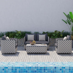 Elegant 4Pcs Aluminum & Rope Outdoor Sofa Set with Faux Marble Coffee Table and Cozy Cushion Pillow for Outdoor Relaxation