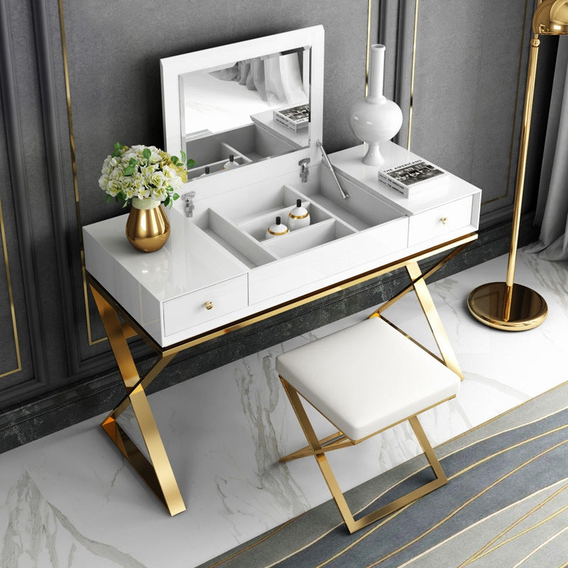 Modern 2Drawer Wood Makeup Vanity Set with Mirror & Stool X Base Stainless Steel in Gold