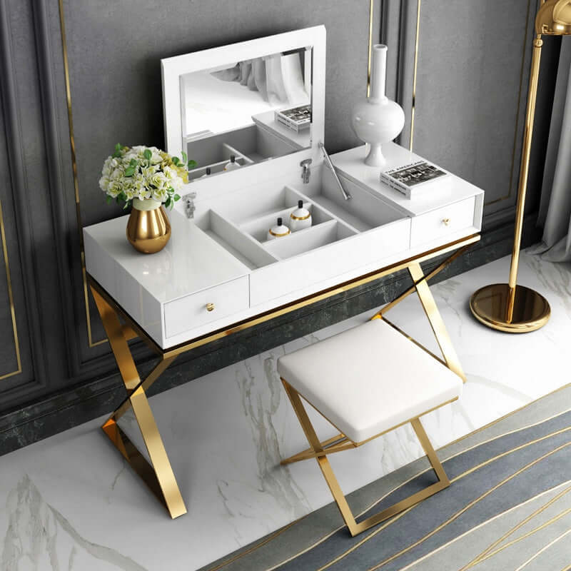 Contemporary vanity set with X base design and stainless steel accents in gold
