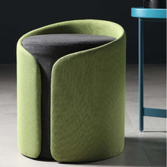 Green upholstered ottoman with stylish round design and comfortable cotton & linen upholstery