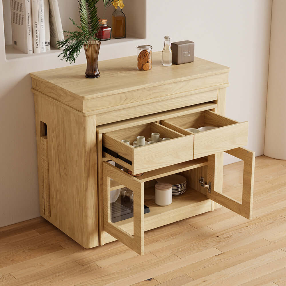 Contemporary walnut and gray dining set with extendable table, 4 chairs, and stylish storage sideboard