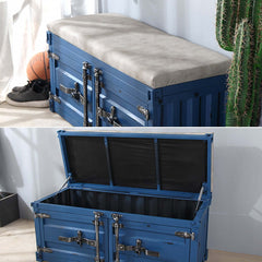 Industrial style blue metal bench with storage and PU leather upholstery for entryway decor