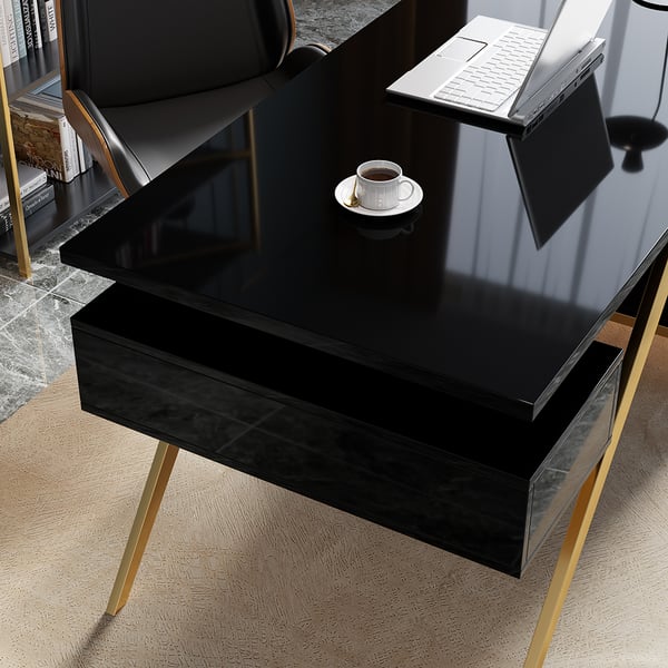 Black modern wooden executive writing desk and chair set for home office, 71 inches