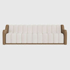 White 3-seater fluted velvet upholstered sofa with walnut leather arm 86.6 inch modern design