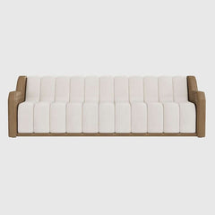 White 3-seater fluted velvet upholstered sofa with walnut leather arm 86.6 inch modern design