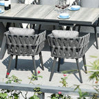 Outdoor dining set with extendable ceramic table and woven aluminum armchairs, 7 pieces