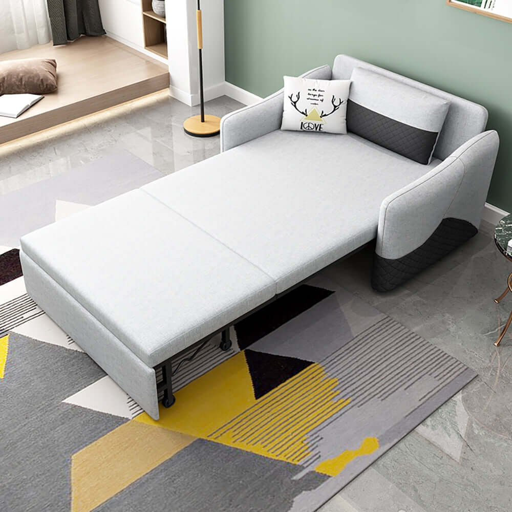 34 inch Sleeper Chair with Arms Convertible Chair in Linen Upholstery & Metal Base メイン画像