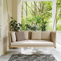 Porch Hanging Rattan Swing Sofa with Shiny Khaki Cushion Pillow for Outdoor Comfort and Relaxation