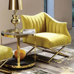 Contemporary nordic yellow velvet accent chair in gold legs style, comfortable seating for leisure time