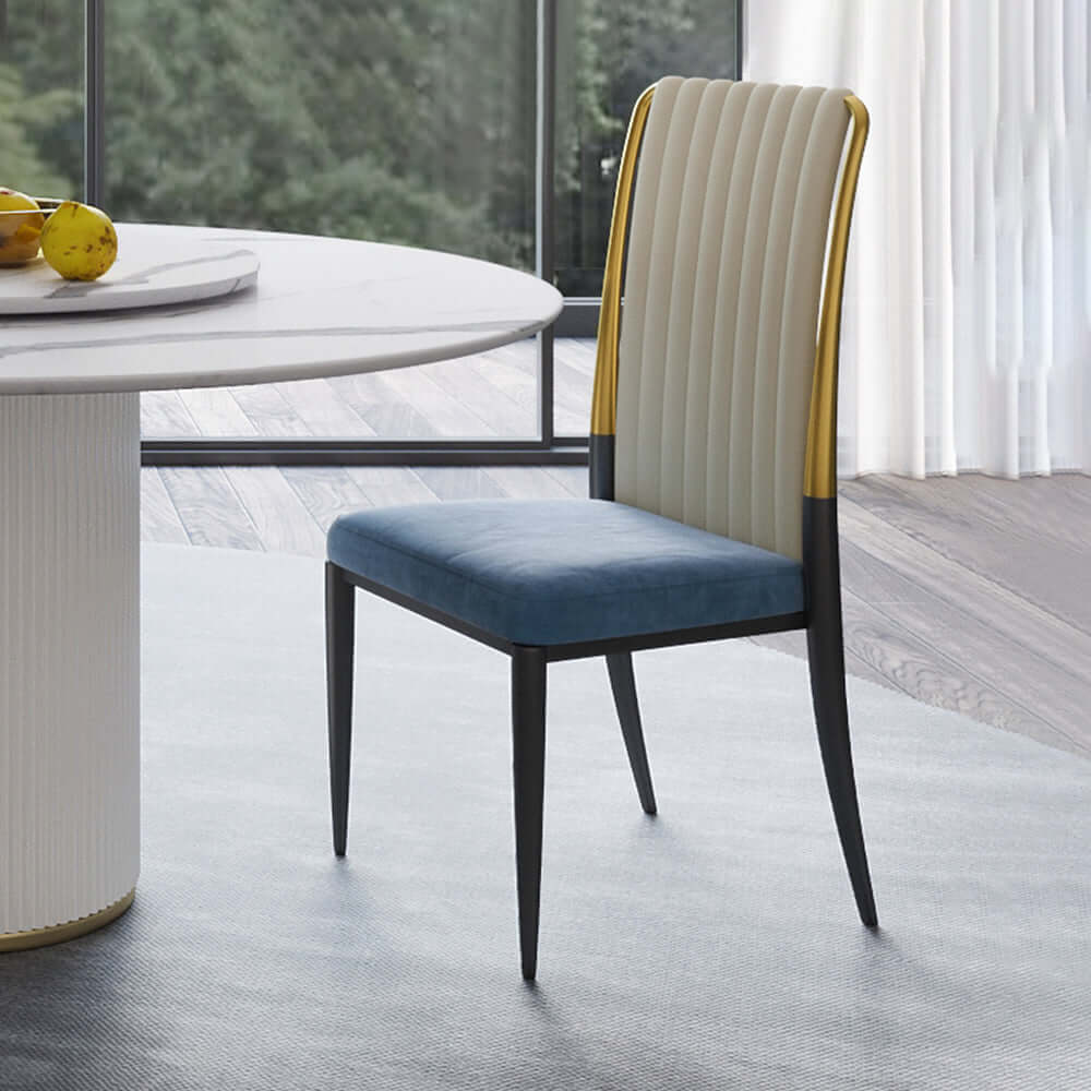 Sleek white and blue dining chair with high back for comfortable and fashionable dining