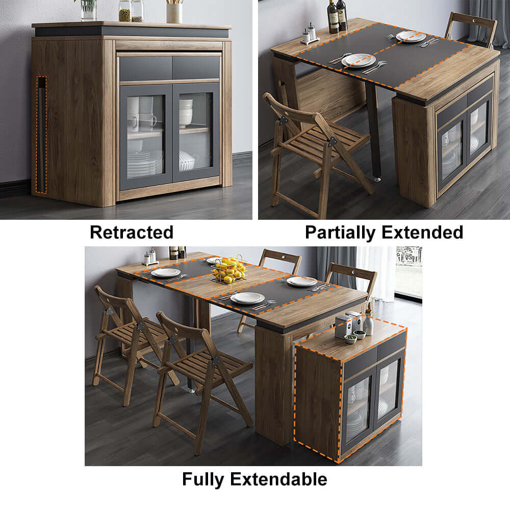 Contemporary walnut and gray dining set with extendable table, 4 chairs, and stylish storage sideboard