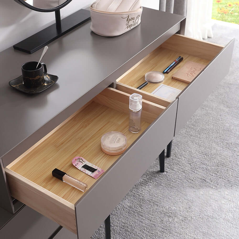 Chic gray makeup vanity table with side cabinet and mirror for daily beauty rituals