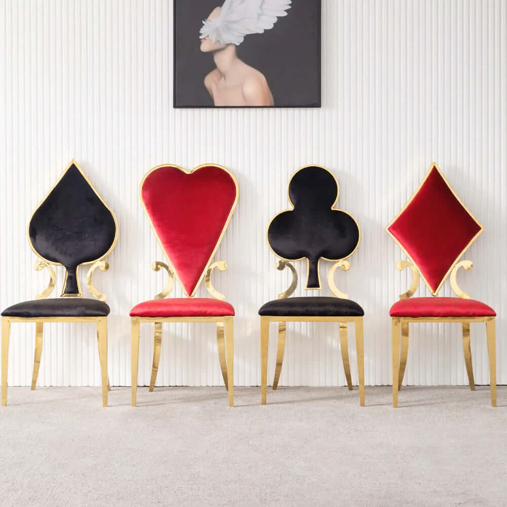 Modern velvet dining chair with golden brass legs in poker style