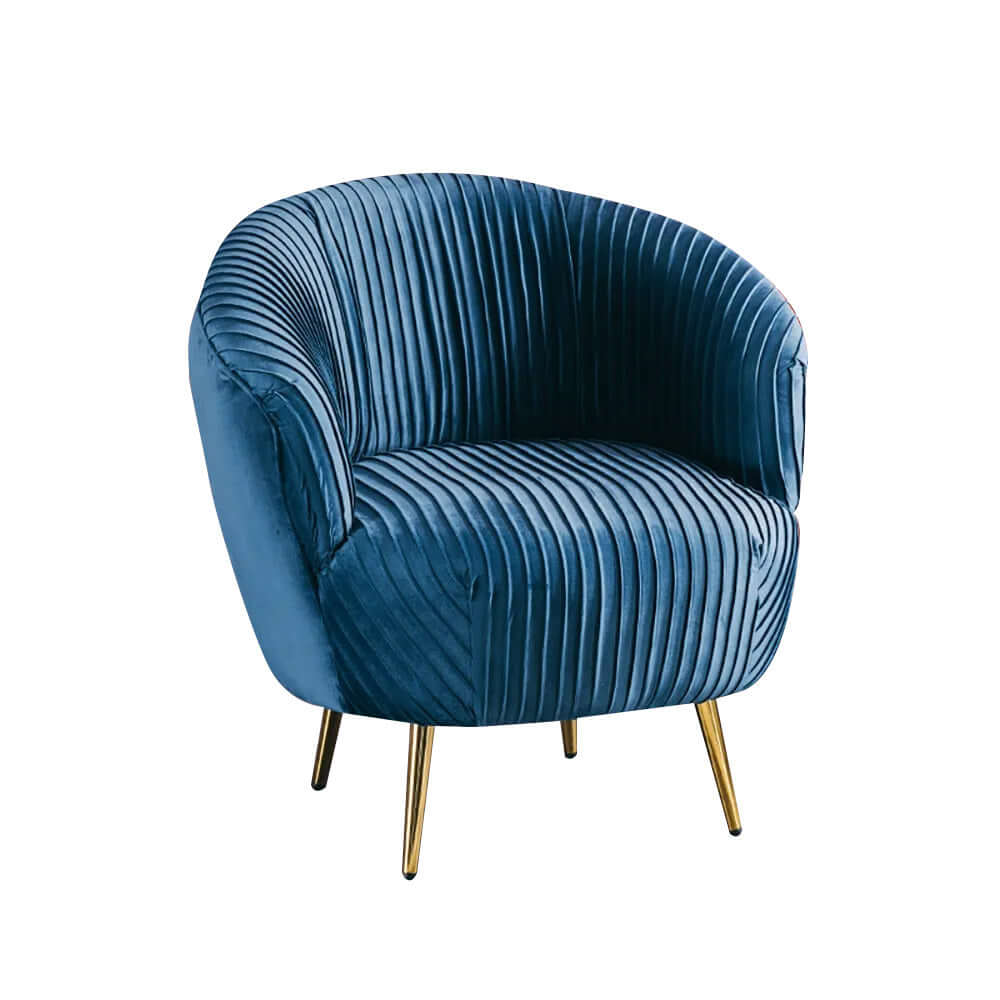 Upholstered armchair with metal legs in gold, stylish blue accent chair for home decor
