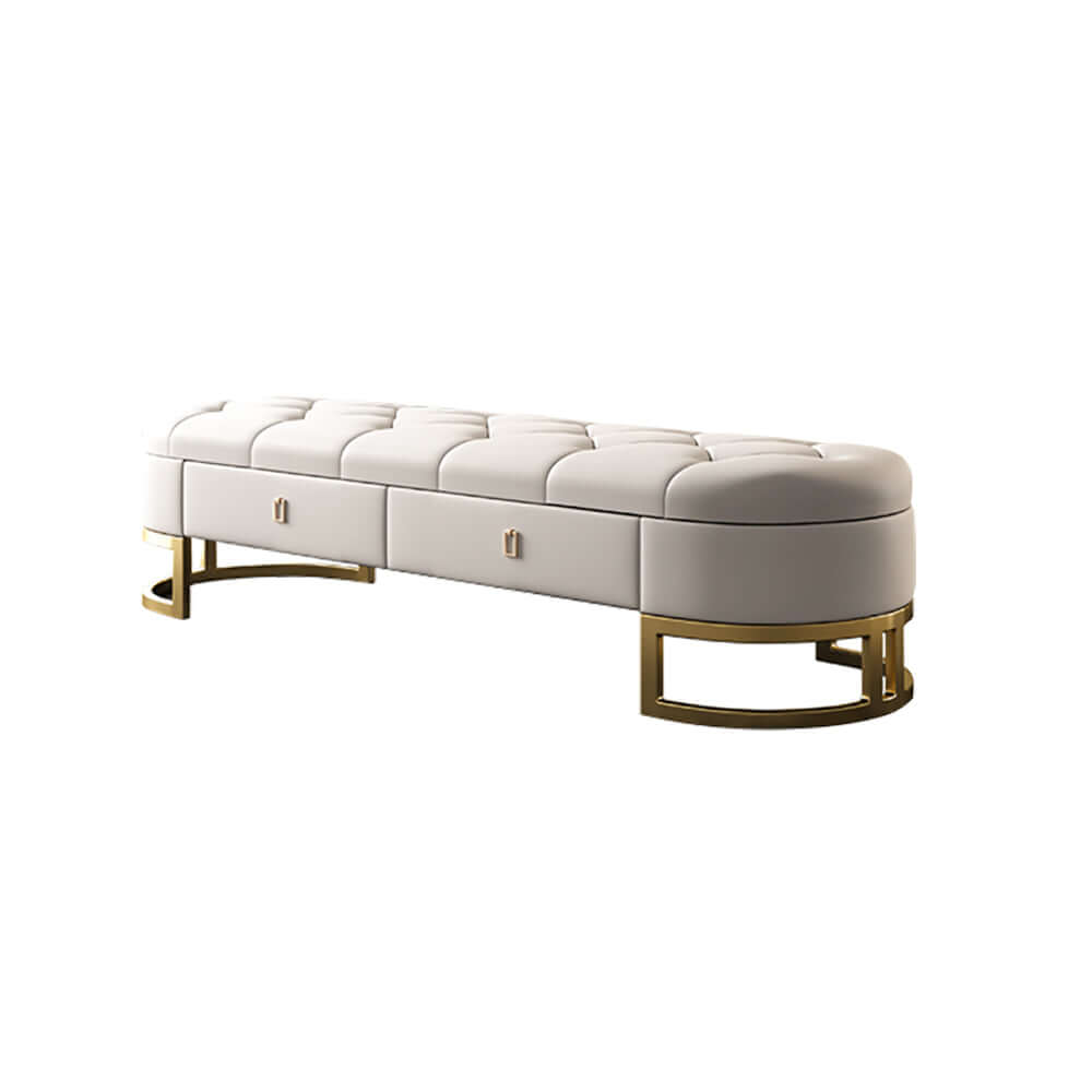 Beige Tufted Bench Seat with Two Storage Drawers and Leather Upholstery for Bedroom Organization