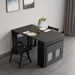 Modern extendable dining table with 4 chairs and rectangle storage sideboard in elegant walnut and gray finish