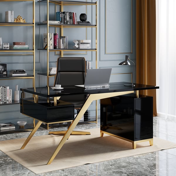 Black modern wooden executive writing desk and chair set for home office, 71 inches main product image