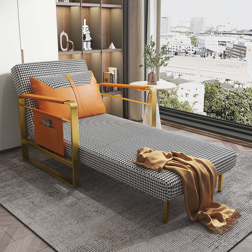 Modern Orange Houndstooth Single Sofabed Convertible Sleeper with Side Storage - Stylish and Functional Furniture メイン画像