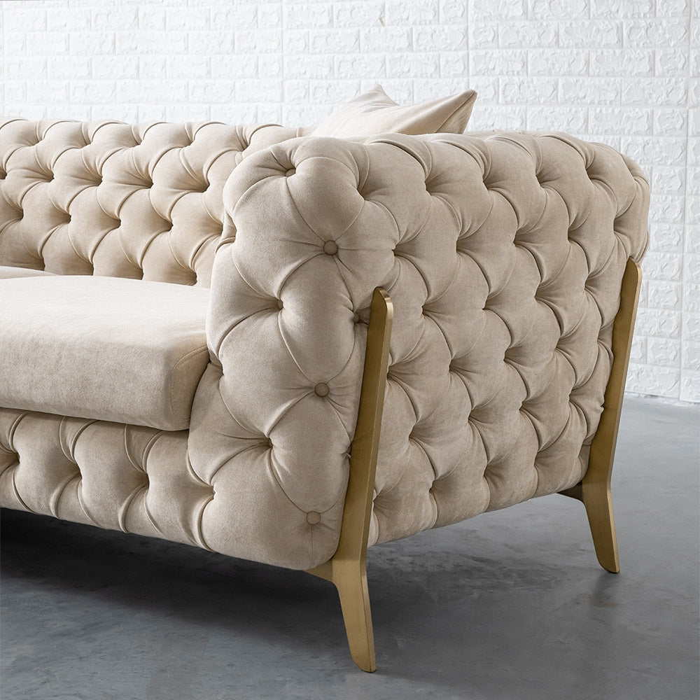 91" Beige Modern Chesterfield Sofa 3Seater Button Tufted LeathAire