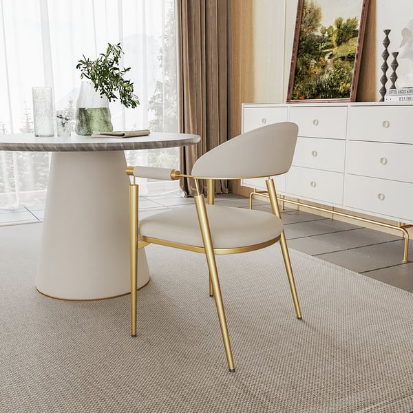 Set of 2 Curvice white PU leather dining chairs with curved back and stainless steel arms