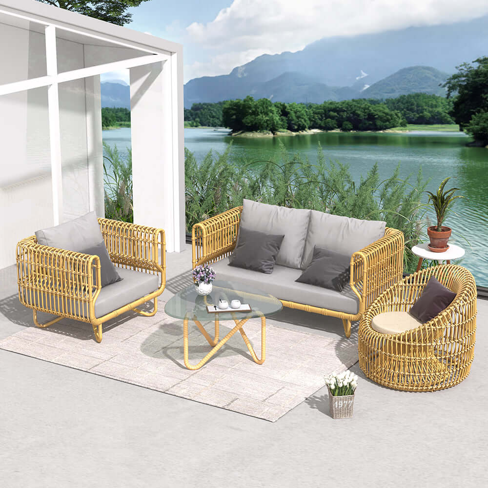 4 Pieces Rattan Outdoor Sofa Set with Glass Top Coffee Table and Cushions in Yellow メイン画像