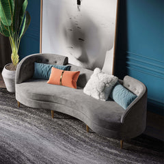 Modern gray velvet upholstered sofa with gold legs for luxurious living room