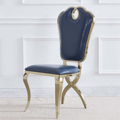 Modern blue upholstered dining chair with golden frame for elegant dining room decor