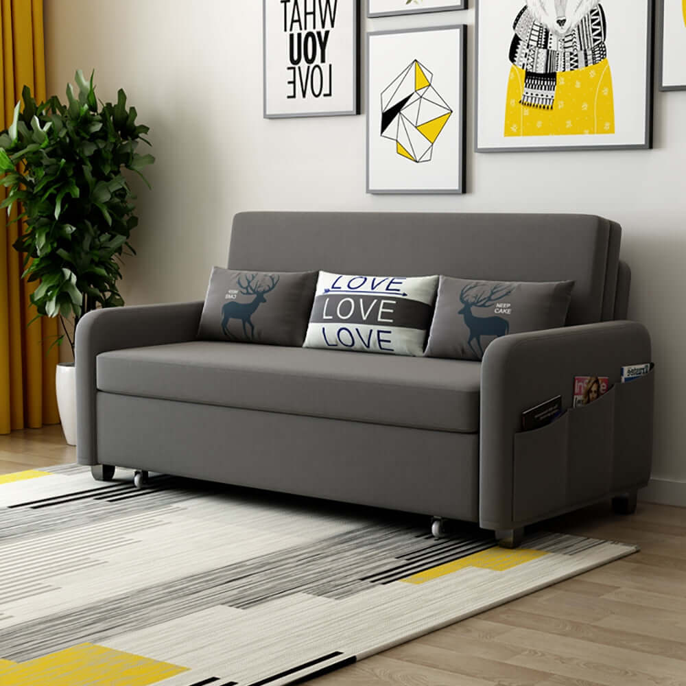 Modern deep gray convertible sofa bed full sleeper with storage cotton & linen upholster in living room メイン画像