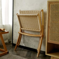 Natural Finish Foldable Recliner Chair with Woven Hemp Rope Back and Seat, Rustic Ash Wood Frame