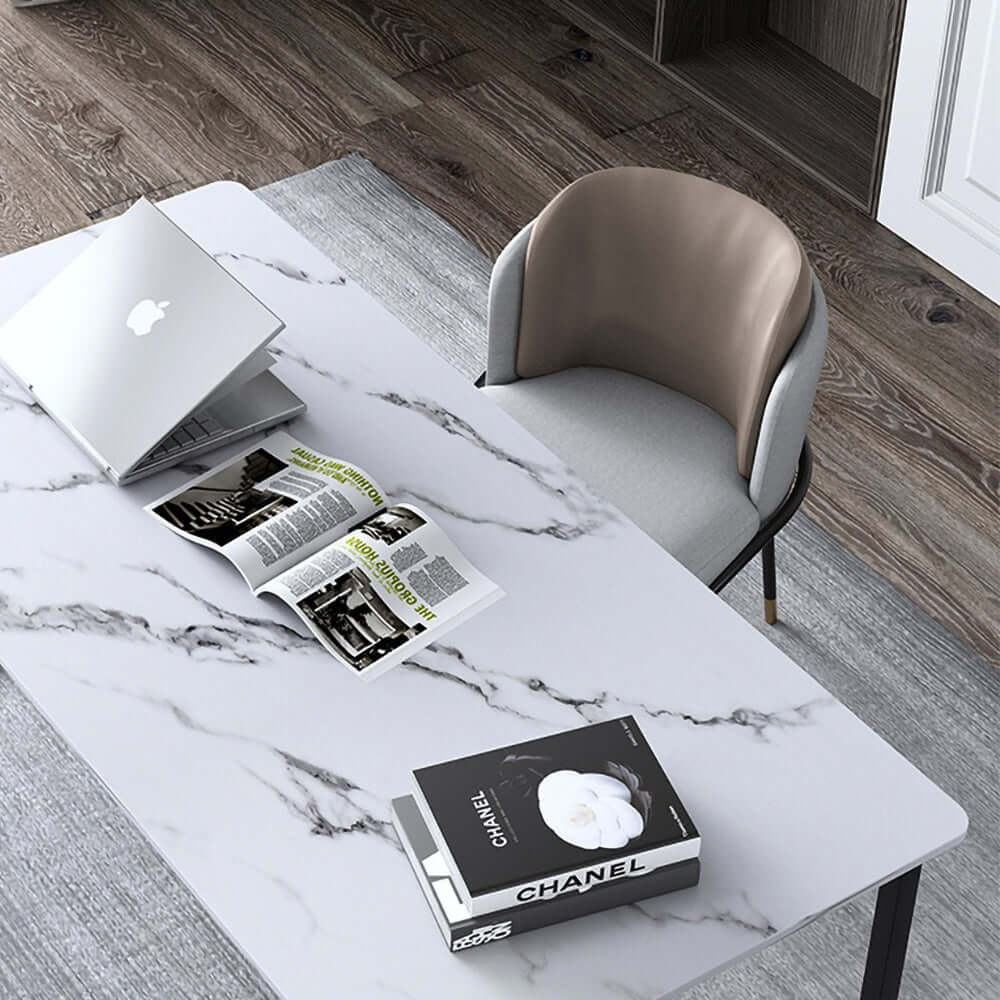 Contemporary gray dining chair with cushioned linen upholstery