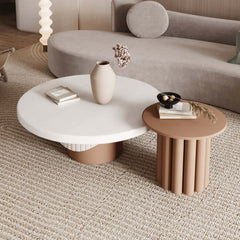 Modern circular coffee table set featuring fluted base in dual-tone finish