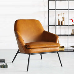 Caramel PU leather accent chair with upholstered armrests and carbon steel frame in black finish