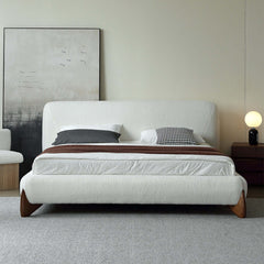 King size modern white boucle platform bed frame with beautiful upholstered headboard for optimal comfort