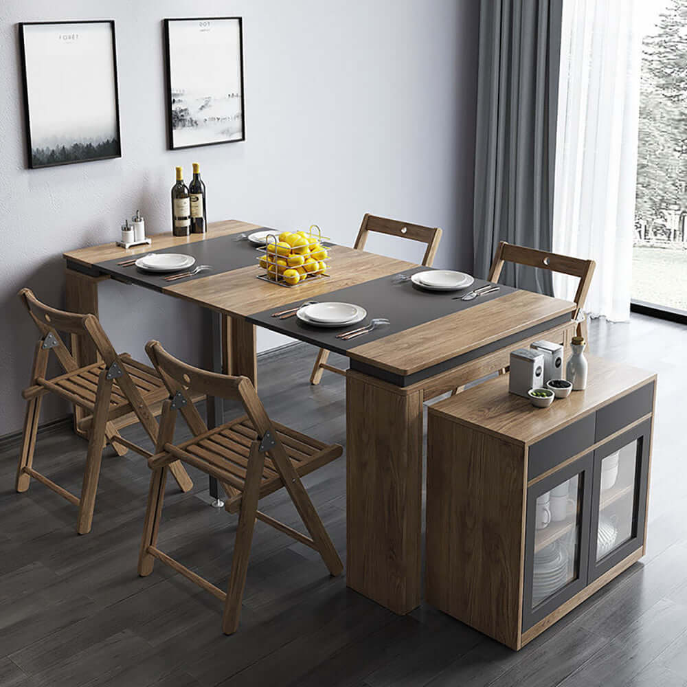Contemporary walnut and gray dining set with extendable table, 4 chairs, and stylish storage sideboard