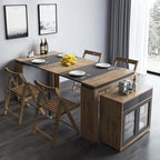 Contemporary walnut and gray dining set with extendable table, 4 chairs, and stylish storage sideboard