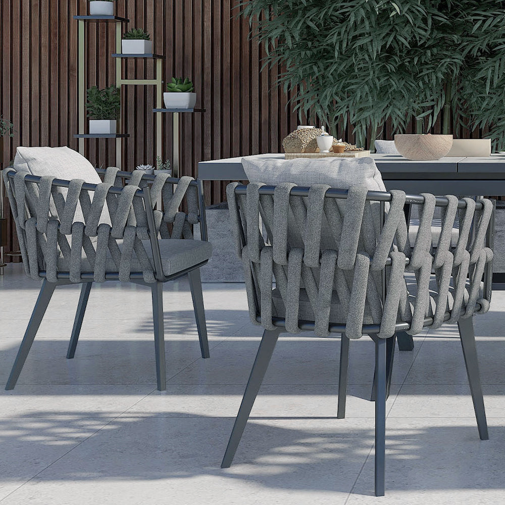 Aluminum & Rattan Outdoor Patio Dining Chair Armchair with Cushion in Gray (Set of 2)