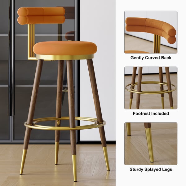 MidCentury Modern Orange Bar Height Stool with Backrest (Set of 2) Velvet Upholstery