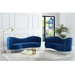 Elegant 3-piece blue velvet living room set with luxurious curved sofa and loveseat furniture