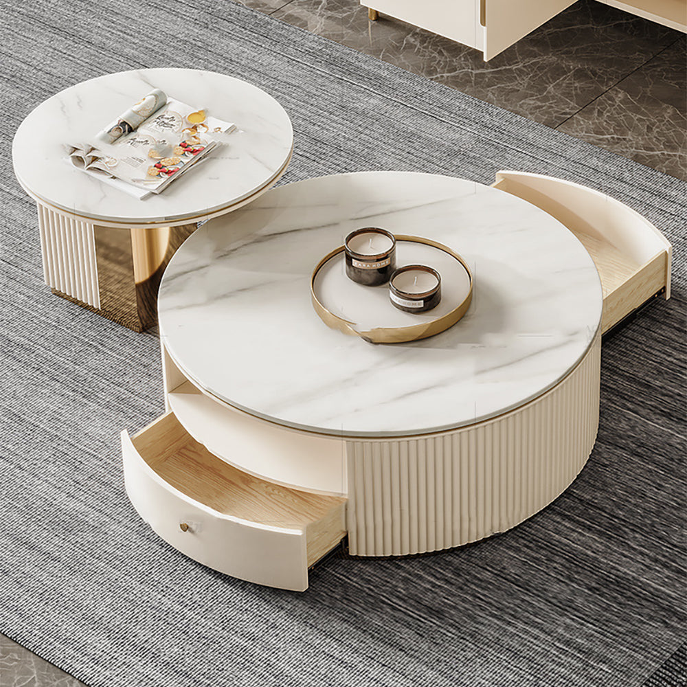 Modern Chic Round Nesting Coffee Table with Storage White Stone Coffee Table Set of 2