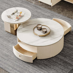 Contemporary round coffee table set with storage, 2 nesting tables in elegant white stone finish