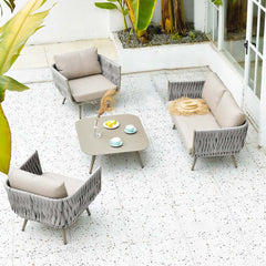 Beige & Gray 4-Piece Outdoor Sectional Sofa Set with Webbing Seats and Cushions