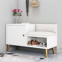 White shoe rack bench with storage cabinet and shelf - modern upholstered hallway organizer